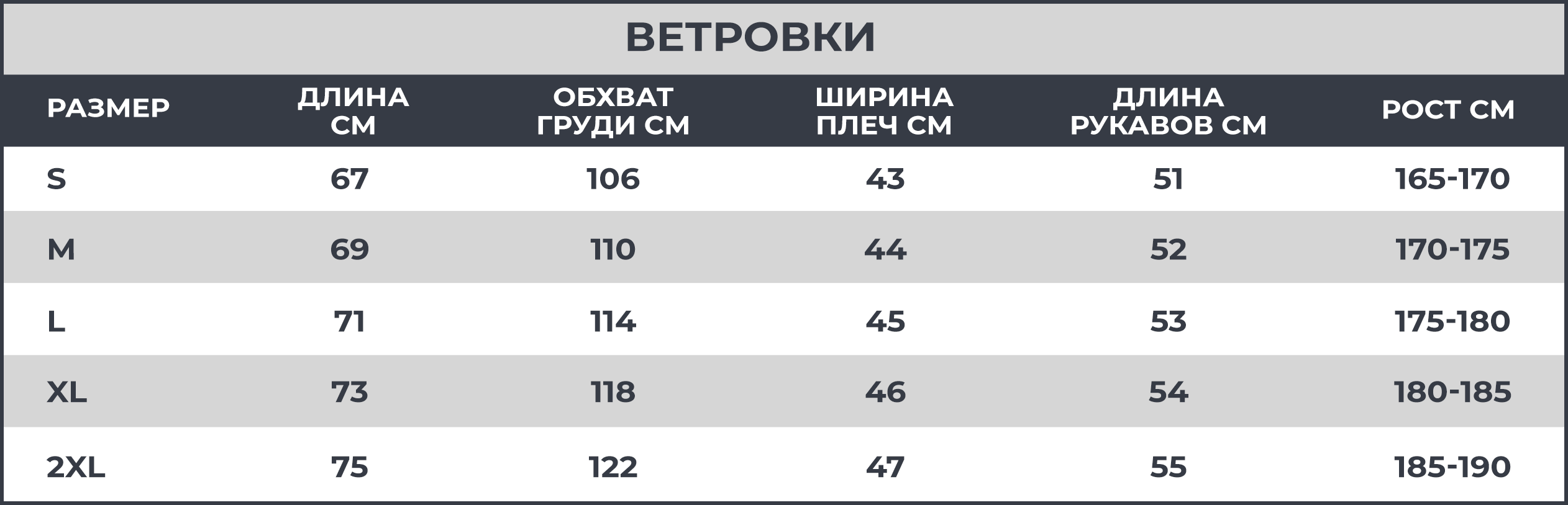 Таблица размеров